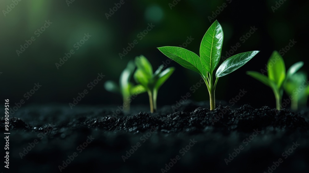 Naklejka premium New green plants growing from dark, nutrient-rich soil, symbolizing the concepts of growth, nature, sustainability, and new beginnings in an environmental context.