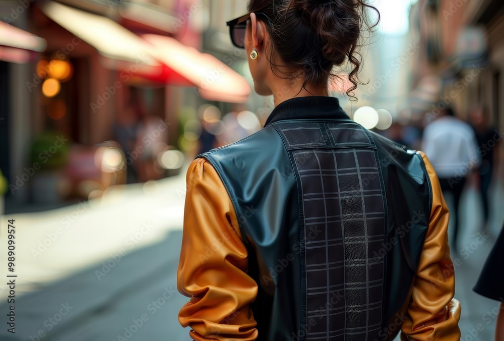 Urban Solar Fashion. Woman wearing unique leather jacket with solar panel design walks down city street with bright red awnings. Urban Solar Fashion. Woman wearing unique leather jacket with solar panel design walks down city street with bright red awnings.