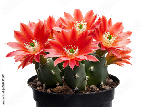 A blooming claret cup cactus with bright red flowers, isolated on a transparent background, PNG file. photo