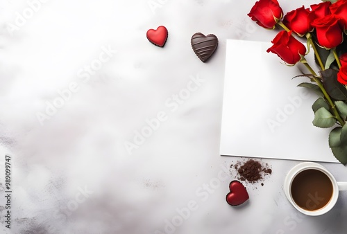 Romantic Valentine's Day Flat Lay with Roses, Coffee and Chocolate photo