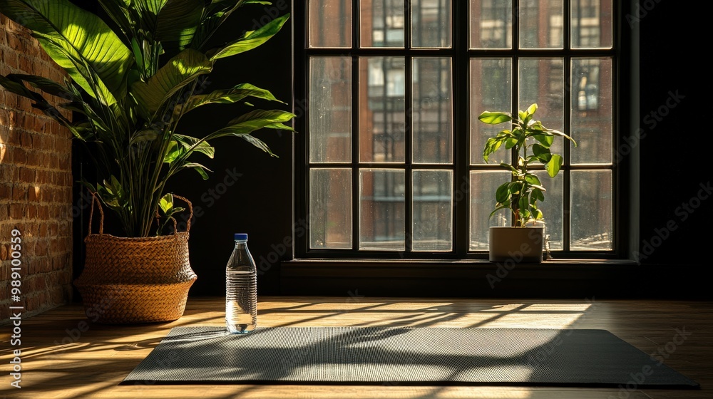 Fototapeta premium An inviting urban yoga space featuring a textured mat, large windows that flood in warm light, potted plants, and a water bottle, offering a serene and refreshing environment.