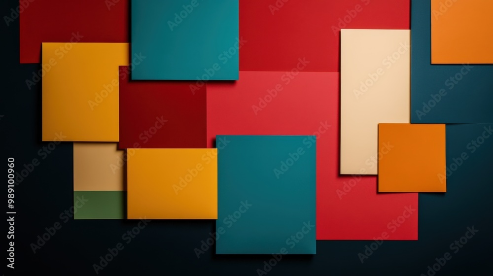 This abstract design features a dynamic arrangement of layered rectangles in bright colors such as red, yellow, blue, and beige, creating a visually stimulating composition. This abstract design features a dynamic arrangement of layered rectangles in bright colors such as red, yellow, blue, and beige, creating a visually stimulating composition.