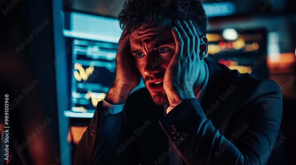 Stressed businessman in a dark office surrounded by technology at night, overwhelmed by financial data and market fluctuations Stressed businessman in a dark office surrounded by technology at night, overwhelmed by financial data and market fluctuations