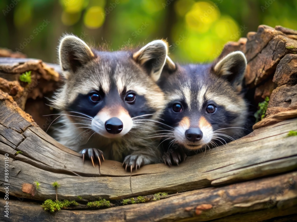Obraz premium Adorable masked raccoons playfully snuggle and peek out from behind a fallen log, their curious eyes and tiny paws capturing the essence of woodland charm.
