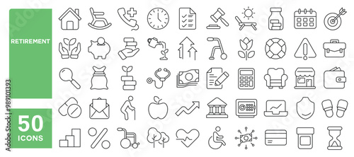 Set of 50 line icons related to retirement, retired, plan, care, money, profit, investment, finance, personal, manage, wealth, income, Editable stroke. Vector illustration