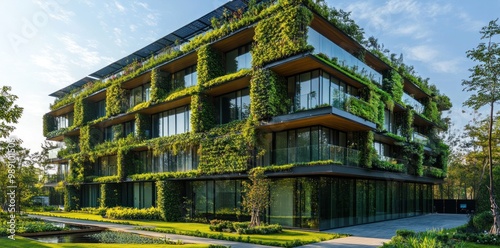 Modern Green Facade Building with a Lush Landscape