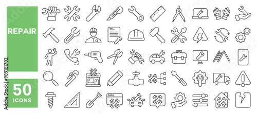 Set of 50 line icons related to repair, maintenance, restore, wrench, tools, support, recovery, check, labor, configuration, fix, Editable stroke. Vector illustration