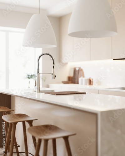 A Modern Minimalist Kitchen with Stylish Bar Seating that enhances cooking and home decor
