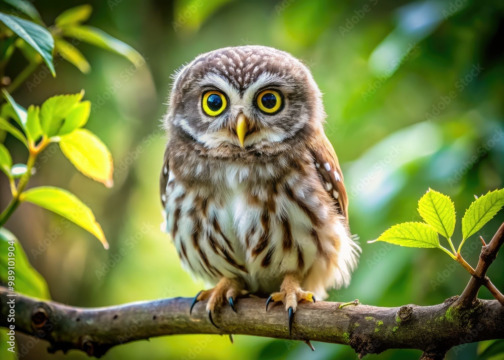 Adorable owl perches on branch, large round eyes shining with curiosity, fluffy feathers and tiny talons adding to its irresistible charm and whimsical appeal. Adorable owl perches on branch, large round eyes shining with curiosity, fluffy feathers and tiny talons adding to its irresistible charm and whimsical appeal.