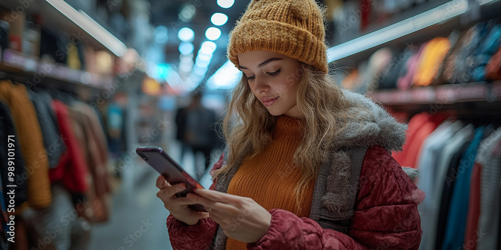 young woman wearing cozy hat and stylish jacket is browsing through her smartphone while shopping in vibrant clothing store. atmosphere is lively and filled with colorful apparel young woman wearing cozy hat and stylish jacket is browsing through her smartphone while shopping in vibrant clothing store. atmosphere is lively and filled with colorful apparel