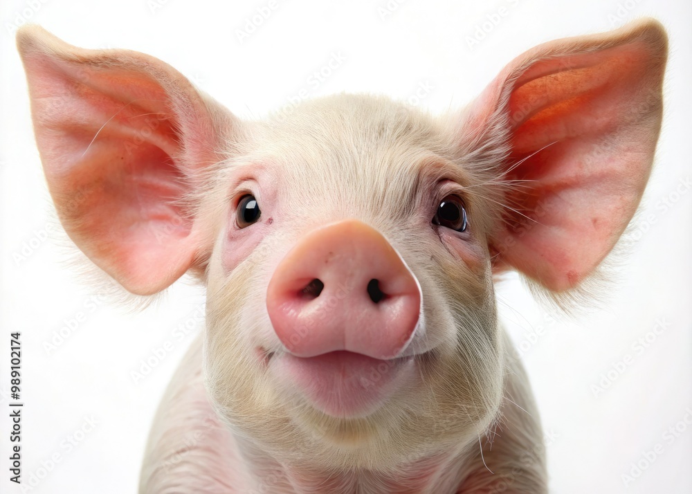 Adorable pig's face with curly whiskers, snout, and ears, showcasing a curious expression, set against a clean and simple white background. Adorable pig's face with curly whiskers, snout, and ears, showcasing a curious expression, set against a clean and simple white background.