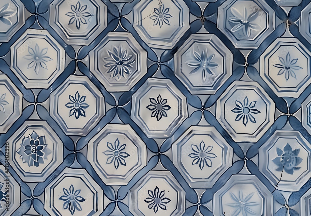 Blue and Grey Hexagon Tile Pattern with Flowers Blue and Grey Hexagon Tile Pattern with Flowers