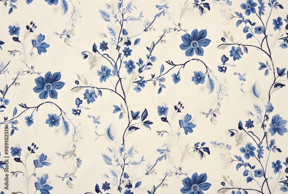 Blue and White Floral Linen Fabric Pattern Blue and White Floral Linen Fabric Pattern
