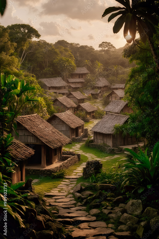 Fairytale fantasy landscape of miniature houses on the dark forest floor illuminated from within by warm glowing lights. Generative AI Fairytale fantasy landscape of miniature houses on the dark forest floor illuminated from within by warm glowing lights. Generative AI