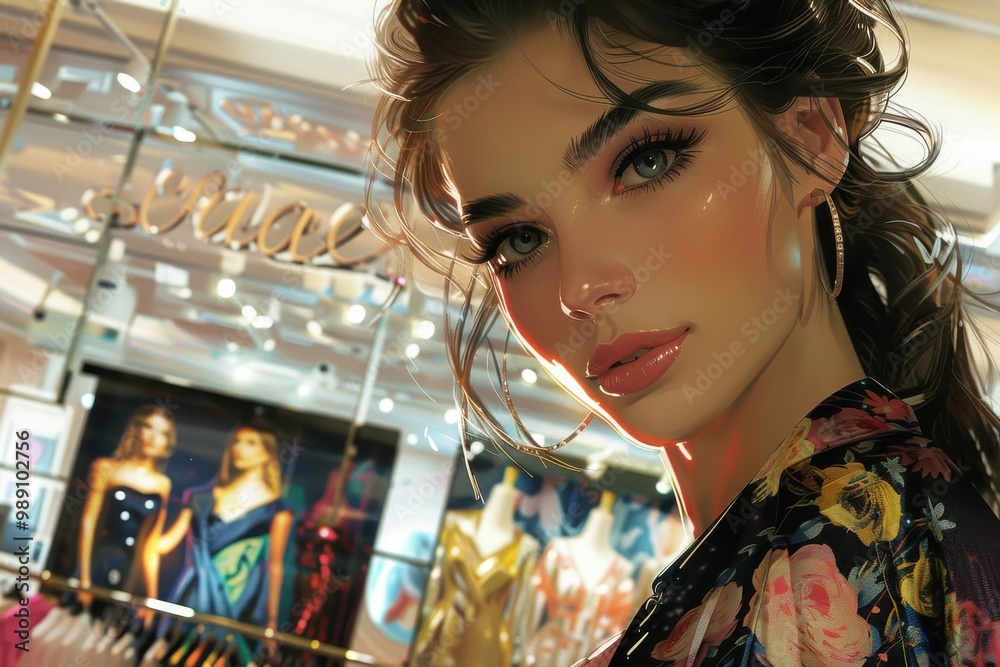 Stylish Woman in Fashion Boutique with Bright Lighting