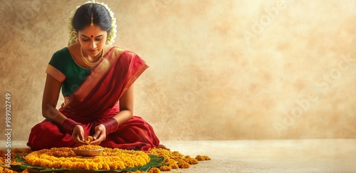 Banner with space for text, malayali women making pookalam, patterned carpet of flowers in front of her doorstep, the concept of celebrating the Onam festival. Happy Onam. Traditional holiday indian