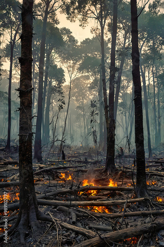 A dense forest fire with billowing smoke and bright red flames engulfing forested areas. Climate change and the threat to forest ecosystems. Climate change concept. Generated AI