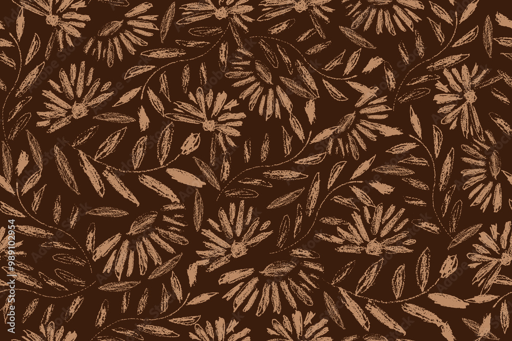 Floral seamless pattern in hand drawn rough texture, abstract floral motif
