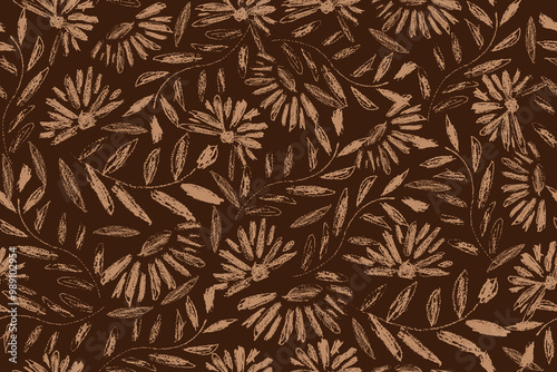 Floral seamless pattern in hand drawn rough texture, abstract floral motif