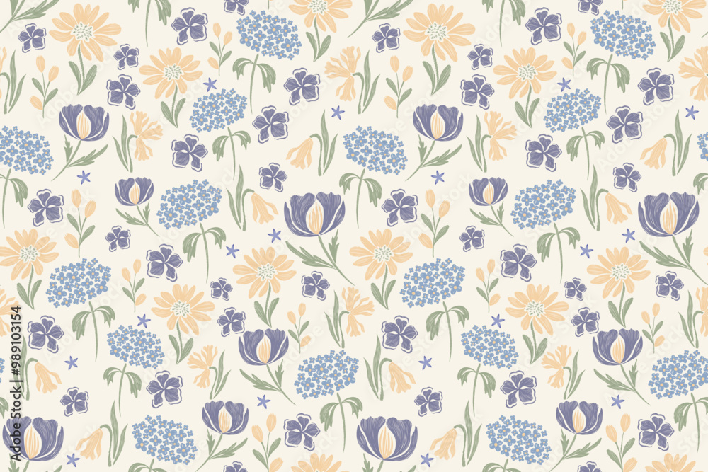 Minimal Floral pattern seamless paisley embroidery texture blue hydrangeas assortment flower motifs. Vintage ikat style vector illustration design hand drawn . Minimal Floral pattern seamless paisley embroidery texture blue hydrangeas assortment flower motifs. Vintage ikat style vector illustration design hand drawn .