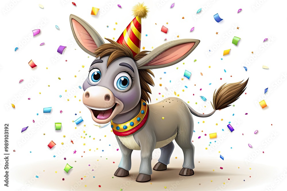 Adorable smiling cartoon donkey with big bright eyes and floppy ears standing on hind legs, wearing a brightly colored party hat and confetti collar. Adorable smiling cartoon donkey with big bright eyes and floppy ears standing on hind legs, wearing a brightly colored party hat and confetti collar.