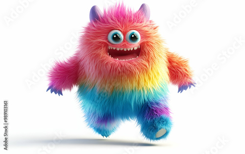 3d rendering, colorful hairy beast Yeti runs, furry monster cartoon character walking or dancing. Fluffy toy in active pose, isolated on white background. 