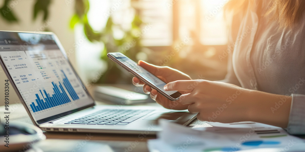 Fototapeta premium young professional is focused on entering data into smartphone while analyzing financial graphs on laptop. warm sunlight creates productive atmosphere