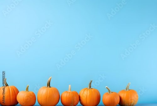 Autumnal Pumpkin Row on Blue Background photo