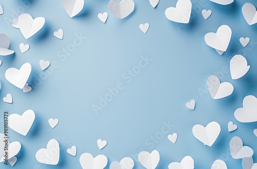 White Paper Hearts Scattered on Blue Background