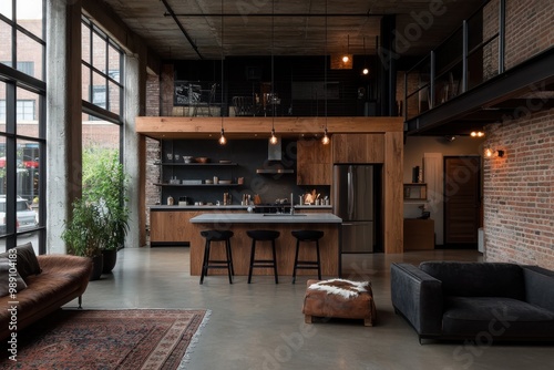 An industrial-style open-plan loft featuring a well-equipped kitchen with modern furnishings, a spacious seating area, and large windows creating a bright and airy environment.