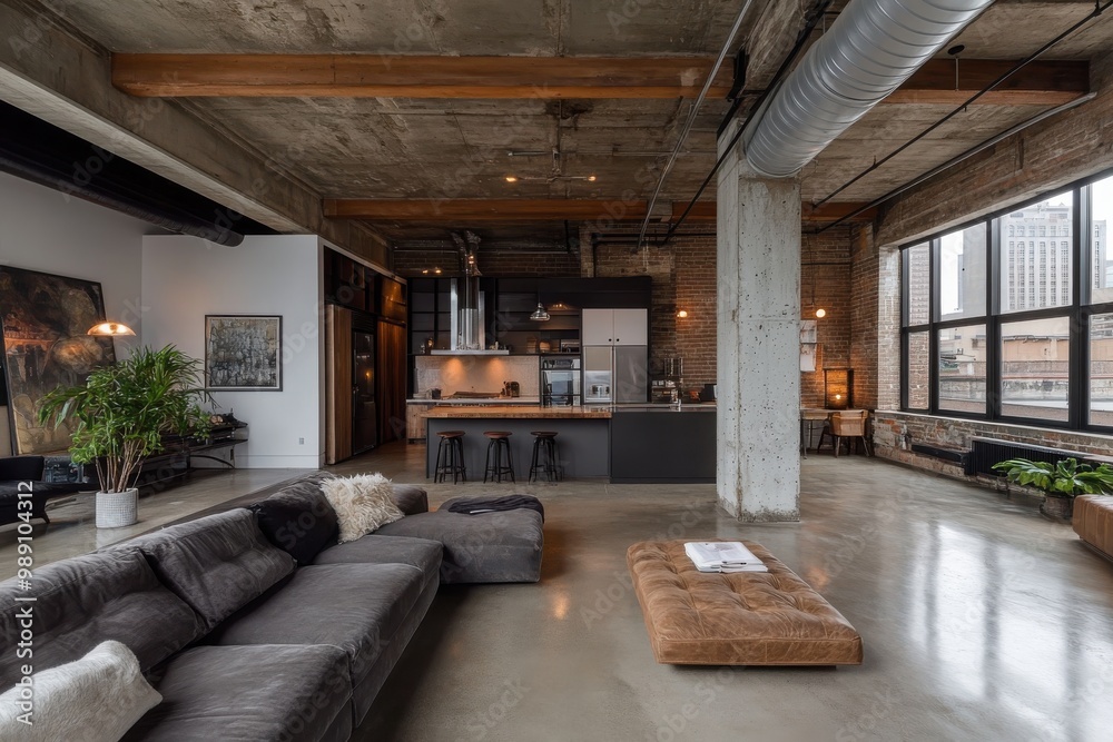 A contemporary loft featuring a modern kitchen with sleek furnishings, large windows allowing plenty of natural light, a cozy seating area, and urban decor creating a stylish ambiance. A contemporary loft featuring a modern kitchen with sleek furnishings, large windows allowing plenty of natural light, a cozy seating area, and urban decor creating a stylish ambiance.