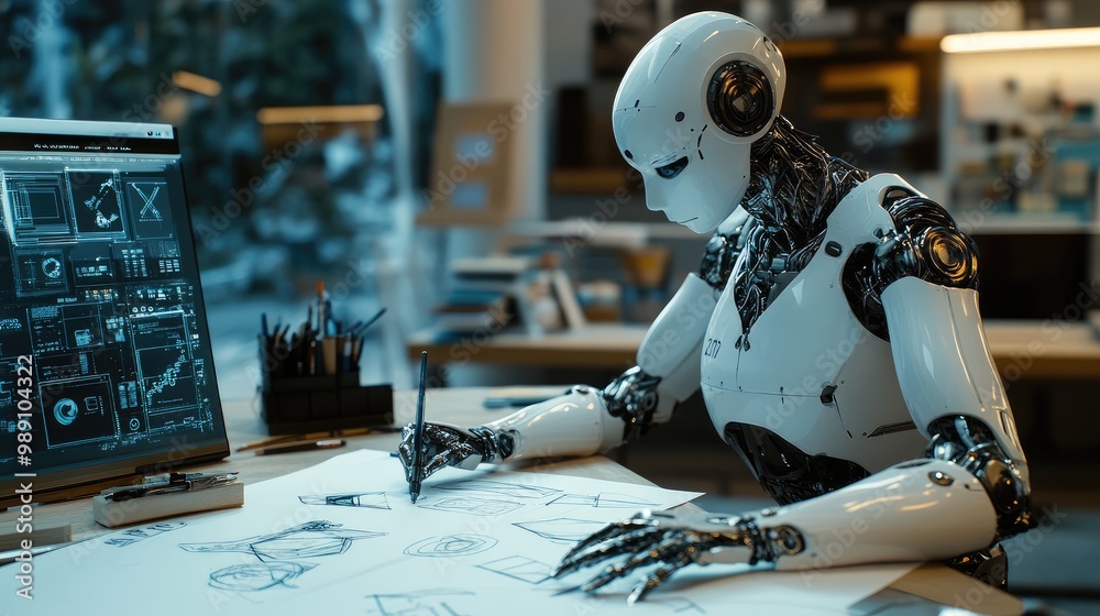 Robots Creating Stuff Humanoid artist robot creating detailed sketches on paper, using ...