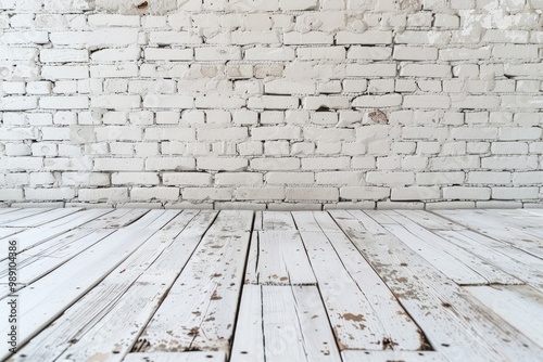 White brick wall with wooden floor. Perfect for product display or design mockup.