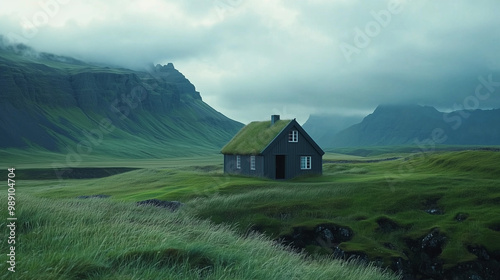 Small Gray House with Grass Roof in Iceland