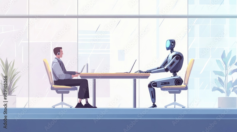 Illustration of a robot and human seated at a business table, exchanging ideas in a futuristic office space. No logos, business concept. Illustration of a robot and human seated at a business table, exchanging ideas in a futuristic office space. No logos, business concept.