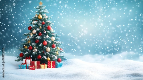 Festive christmas tree colorful ornaments vibrant winter colors gift boxes underneath snowflakes falling in the background traditional holiday celebration