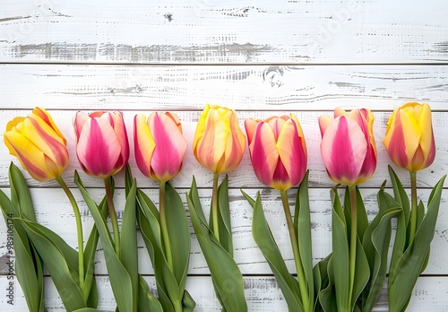 Pink and Yellow Tulip Border on White Wood