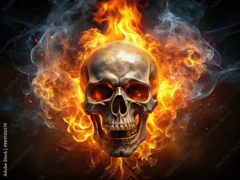 A fiery, glowing skull with flames erupting from the eyes and mouth, surrounded by dark smoke, against a black background, conveying intense energy and power. A fiery, glowing skull with flames erupting from the eyes and mouth, surrounded by dark smoke, against a black background, conveying intense energy and power.