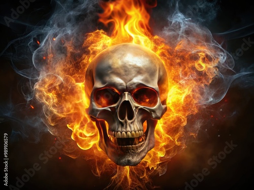 A fiery, glowing skull with flames erupting from the eyes and mouth, surrounded by dark smoke, against a black background, conveying intense energy and power.