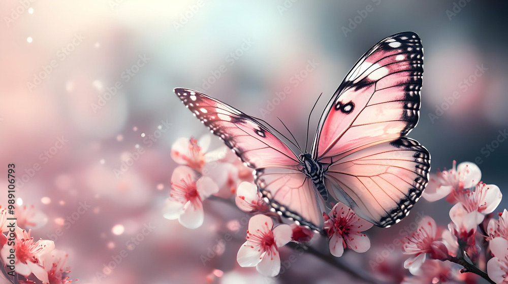 Delicate Butterfly on Blooming Flower Branch Delicate Butterfly on Blooming Flower Branch