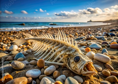 A fossilized fish skeleton lies weathered on a sun-bleached beach, its delicate bones and spinal cord exposed, surrounded by seaweed and ocean-worn pebbles. photo