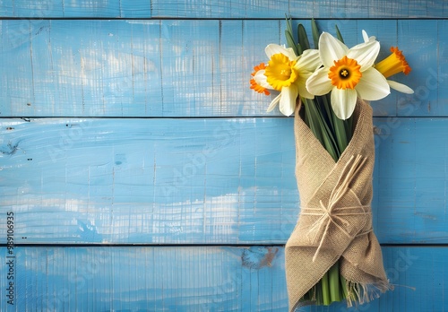 Daffodils Bouquet Wrapped Burlap Blue Wood