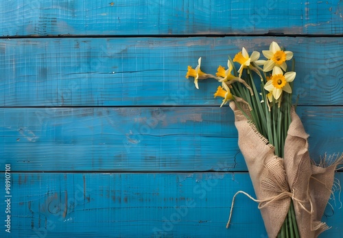 Daffodils Bouquet Burlap Wrapped on Blue Wood