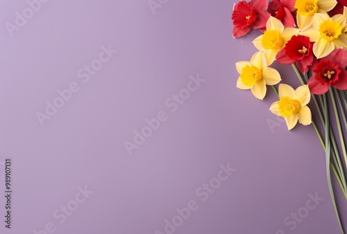 Yellow Daffodils and Red Flowers on Purple Background