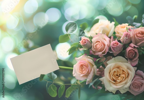 Pastel Rose Bouquet with Blank Card Mockup