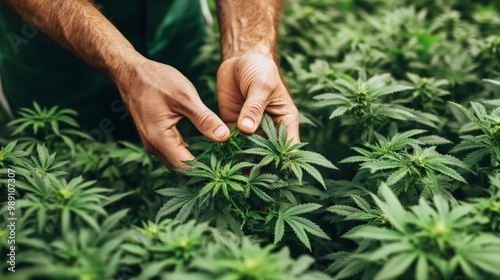 Hands picking off cannabis shoots. Weed control. Close-up. Space for your text. Home growing in the garden. Holding a plant herbs for personal use or as medicine  