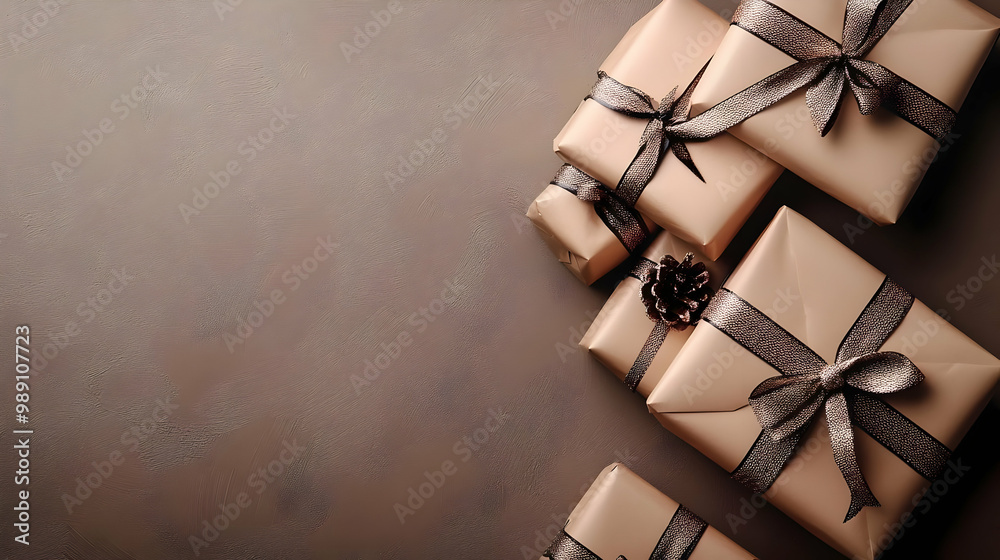 Brown Paper Gift Boxes with Black Ribbons and a Pine Cone Decoration Brown Paper Gift Boxes with Black Ribbons and a Pine Cone Decoration