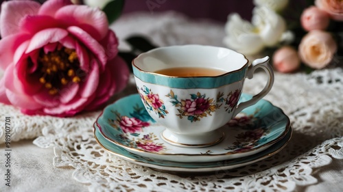 Elegant china teacups on lace cloth background