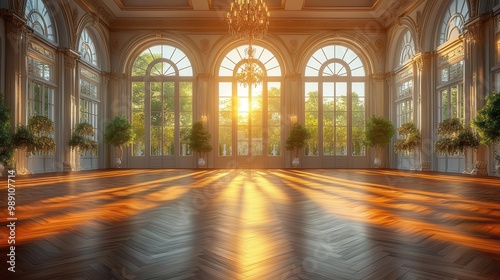 grand ballroom with ornate chandeliers tall arched windows herringbone parquet floor soft natural light empty space conveying elegance and possibility