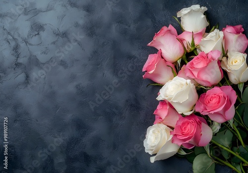 Pink and White Roses Bouquet on Dark Gray Background